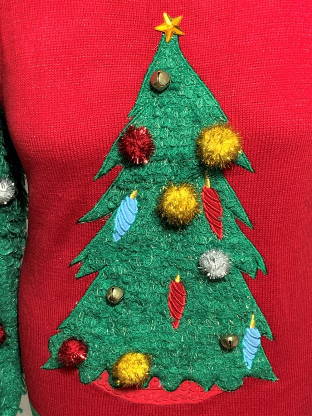 Ugly Christmas Sweater Fuzzy Tree Sleeves Bell Pompoms Green Red MENS Womens M - Picture 2 of 4